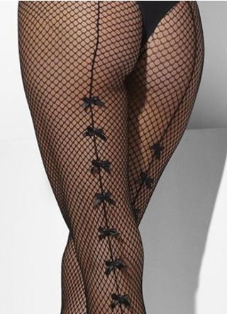 Black Fishnet Tights with Satin Bows - Dress Size 6-18
