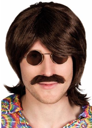 Hippy Beatles-Style Brown Wig & Moustache