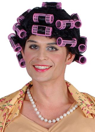 Funny Housewife Black Curly Wig with Pink Rollers - Winnie - Mrs Brown