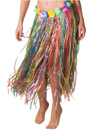 Hawaiian Long Multi Grass Skirt With Flowers - will fit up to waist size 36" or 92cm