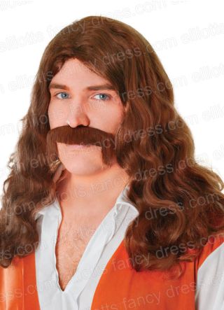 Hippy Man Long Wavy Brown Wig & Tash