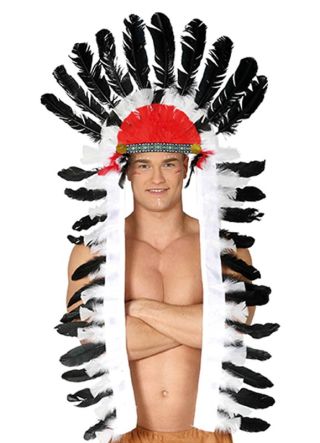 Indian Chief Headdress With Black & White Feather Tails