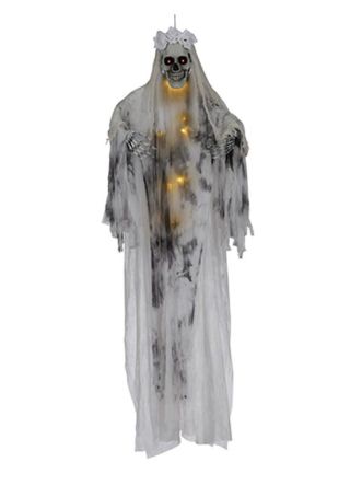 Life-size Hanging Skeleton Ghost Bride Decoration with Red LED Eyes 169x50cm 