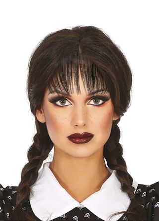 Long Black Plait Wig with Fringe – Creepy Schoolgirl