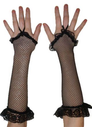Frilly Fishnet Long Fingerless Black Gloves
