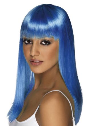 Long Neon Blue Wig with Fringe