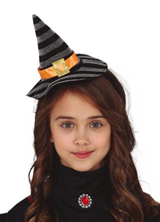 Mini Silver and Black Tinsel Striped Witch Hat with Orange Band