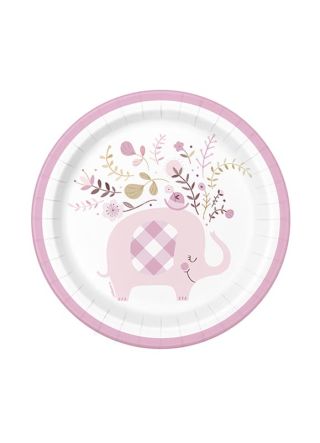 Pink Floral Elephant Paper Plates 17.5cm – 8pk