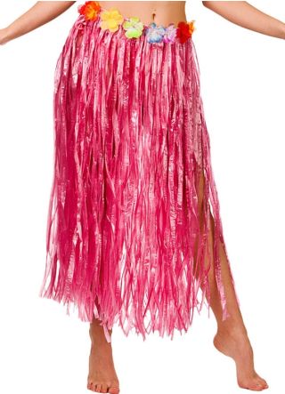Hawaiian Long Pink Grass Skirt with Flowers - will fit up to waist size 40" or 102cm