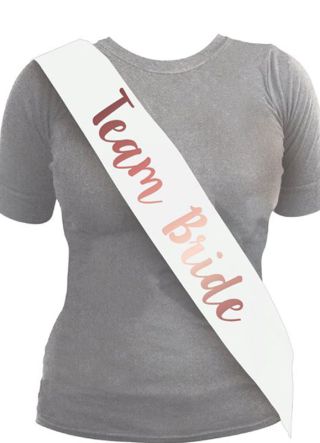 Team Bride Hen Sash – White with Rose Gold Writing